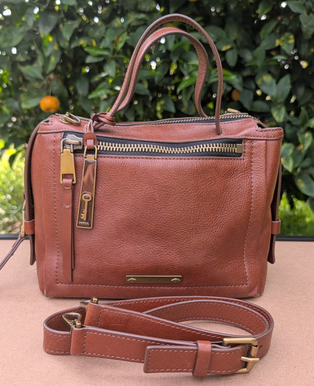 Fossil Bella Satchel Brown Leather Crossbody Bag Gold Hardware Straps